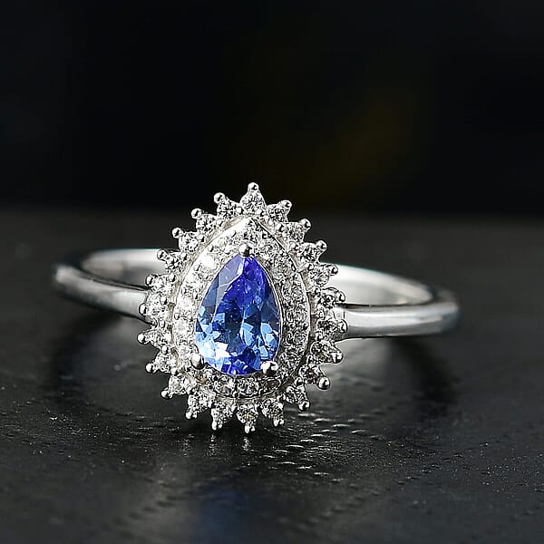 D'Joy AAA Tanzanite White Zircon Drop Ring In Rhodium Over Sterling Silver 0.80 Ctw