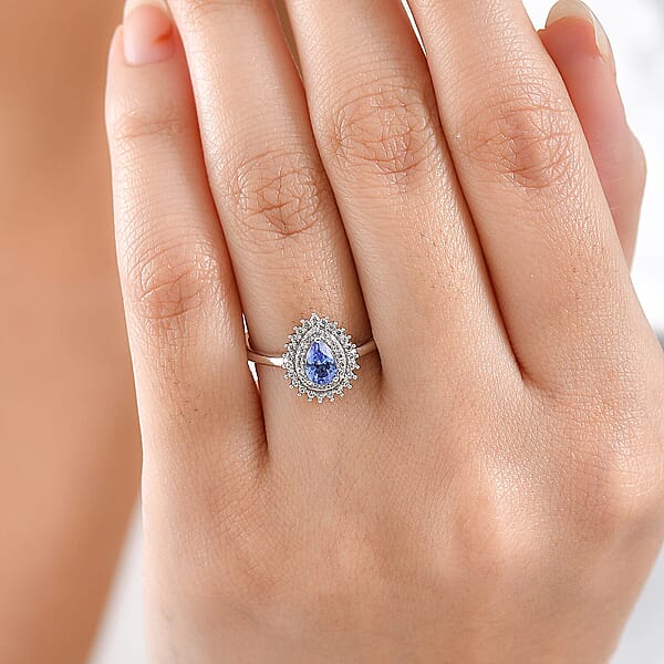 D'Joy AAA Tanzanite White Zircon Drop Ring In Rhodium Over Sterling Silver 0.80 Ctw