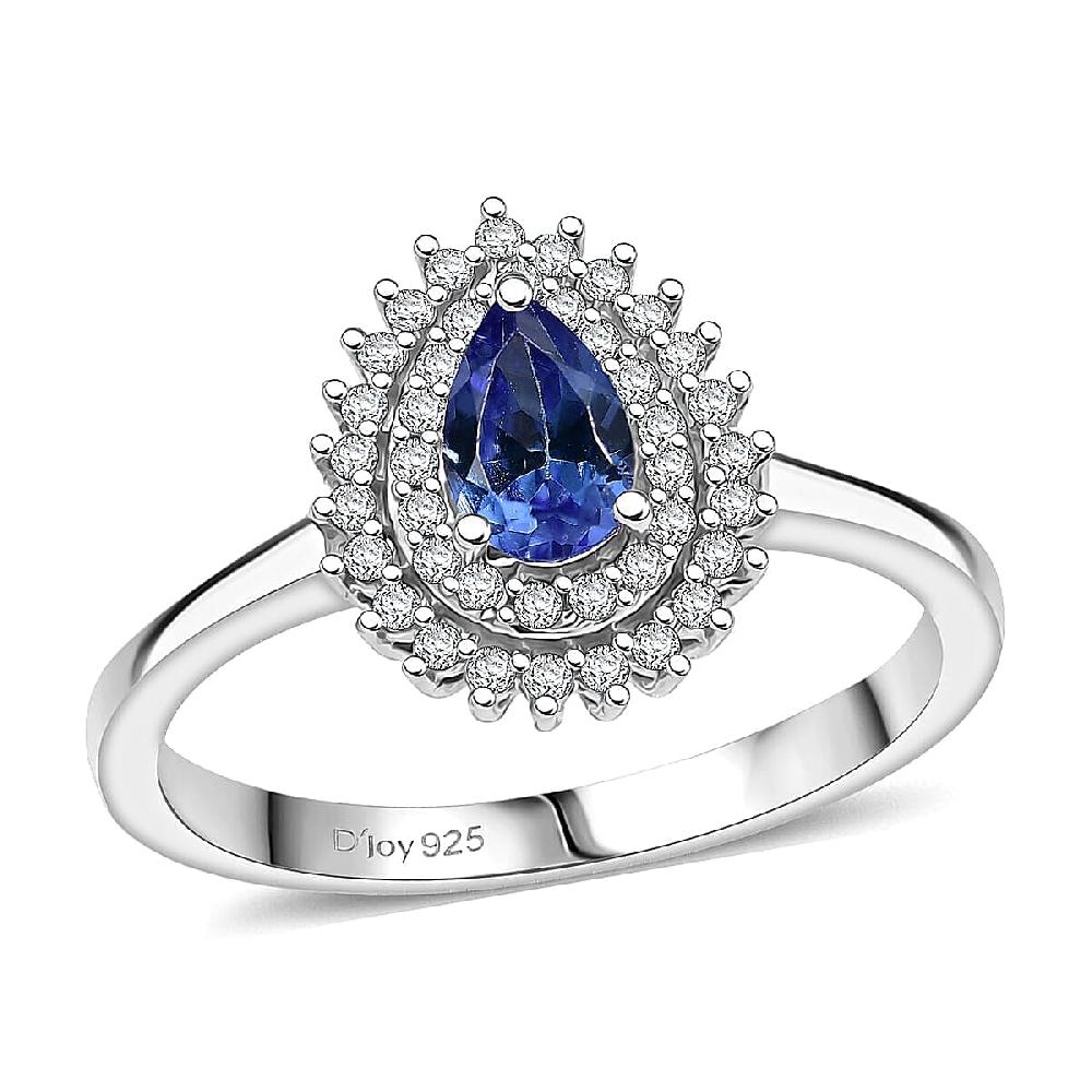D'Joy AAA Tanzanite White Zircon Drop Ring in Rhodium Over Sterling Silver 0.80 ctw