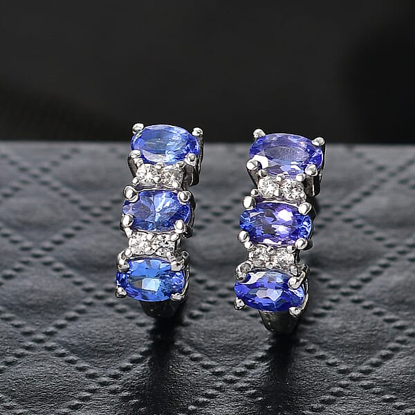 D'Joy AAA Tanzanite White Zircon J-Hoop Earrings In Rhodium Over Sterling Silver 1.65 Ctw
