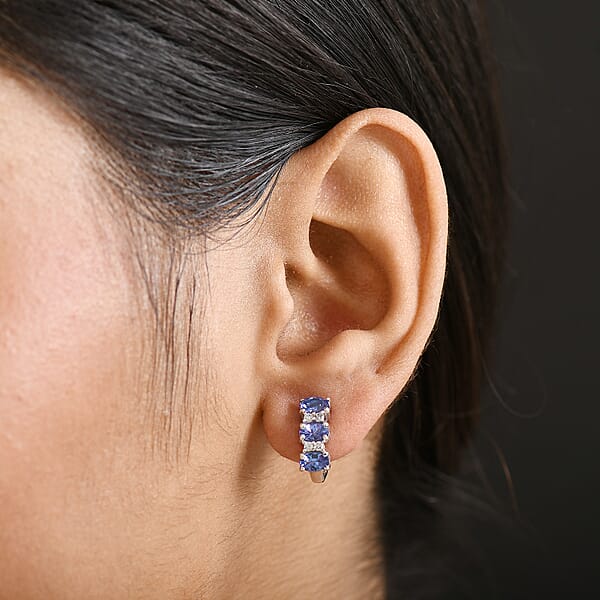 D'Joy AAA Tanzanite White Zircon J-Hoop Earrings In Rhodium Over Sterling Silver 1.65 Ctw