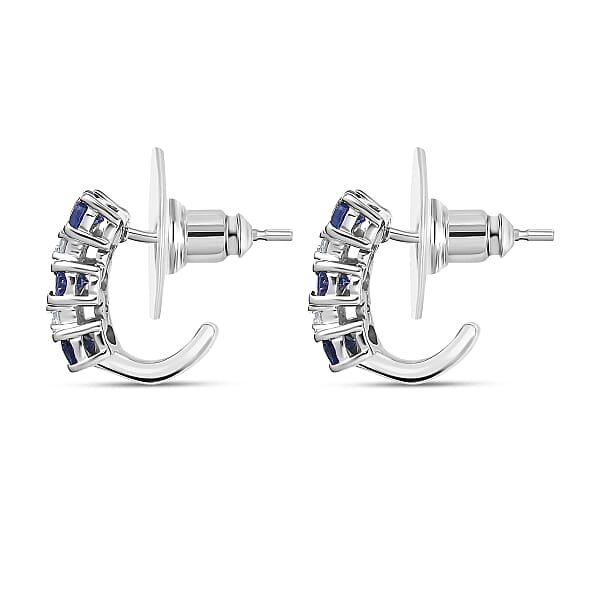 D'Joy AAA Tanzanite White Zircon J-Hoop Earrings In Rhodium Over Sterling Silver 1.65 Ctw
