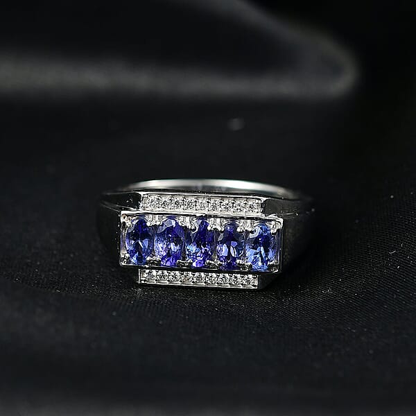 D'Joy AAA Tanzanite White Zircon Men's Ring In Rhodium Over Sterling Silver 1.50 Ctw