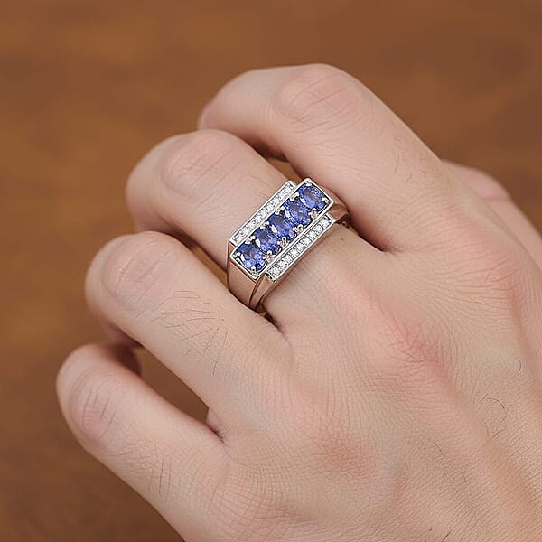 D'Joy AAA Tanzanite White Zircon Men's Ring In Rhodium Over Sterling Silver 1.50 Ctw