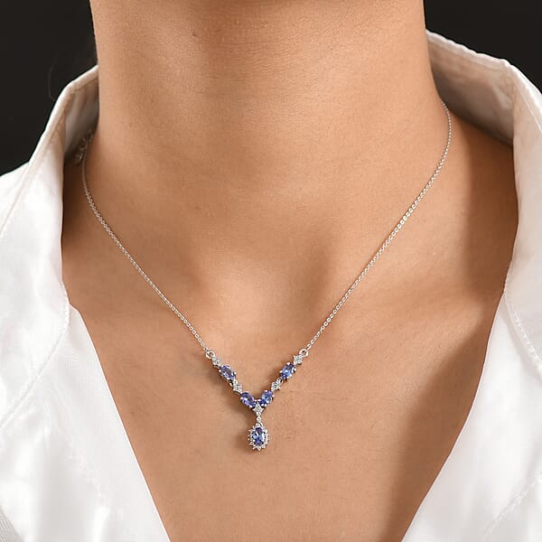 D'Joy AAA Tanzanite White Zircon Necklace In Rhodium Over Sterling Silver 1.85 Ctw (18-20 Inches)