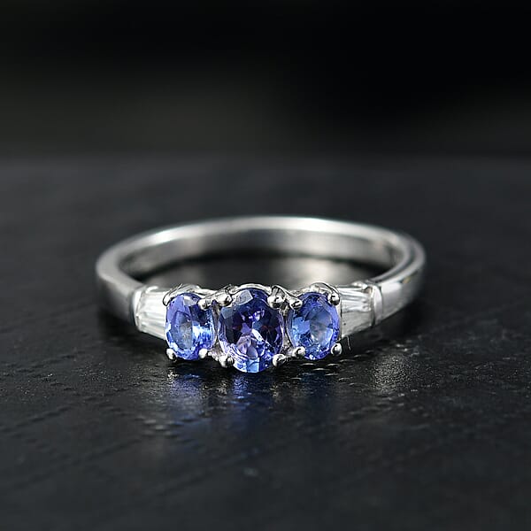 D'Joy AAA Tanzanite White Zircon Trilogy Ring In Rhodium Over Sterling Silver 0.90 Ctw