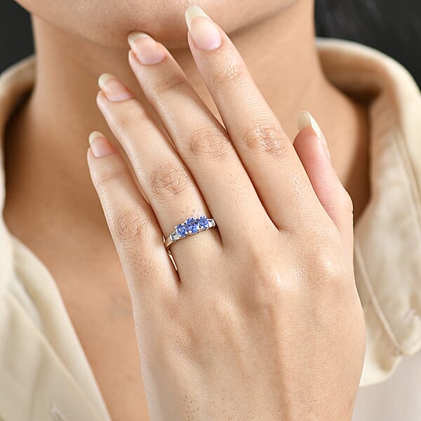 D'Joy AAA Tanzanite White Zircon Trilogy Ring In Rhodium Over Sterling Silver 0.90 Ctw