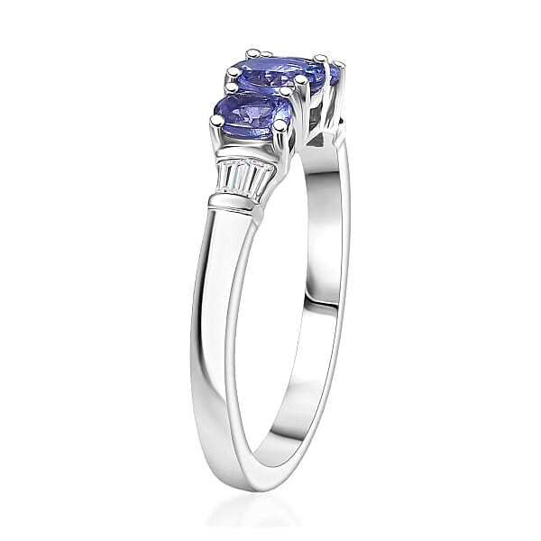 D'Joy AAA Tanzanite White Zircon Trilogy Ring In Rhodium Over Sterling Silver 0.90 Ctw