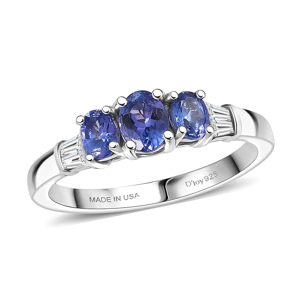 D'Joy AAA Tanzanite White Zircon Trilogy Ring in Rhodium Over Sterling Silver 0.90 ctw