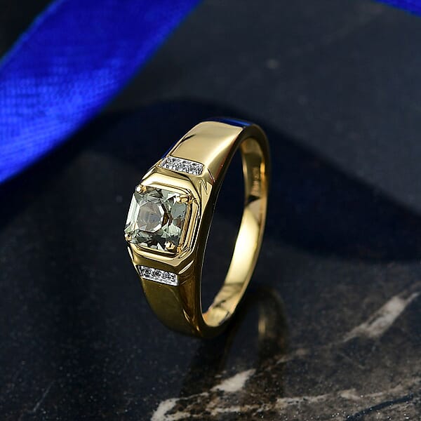 D'Joy AAA Turkizite And Moissanite 1.35 Ctw Crown Valor Men's Ring In 18K Vermeil Yellow Gold Over Sterling Silver
