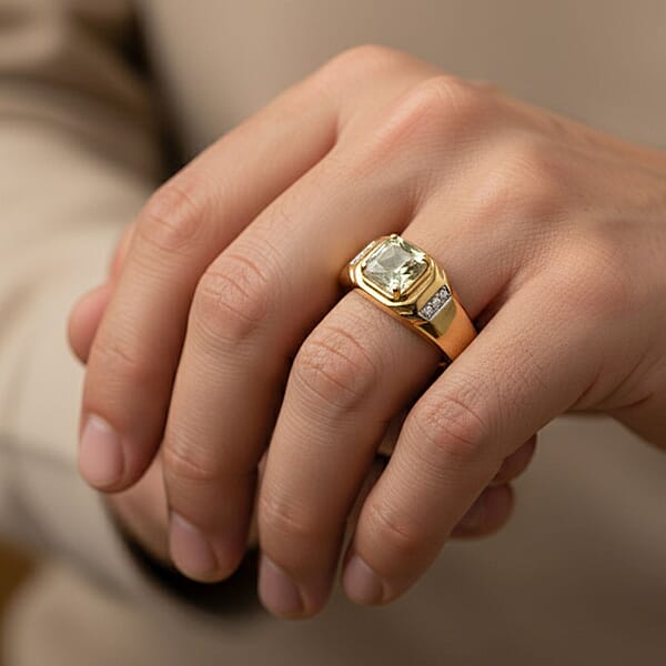 D'Joy AAA Turkizite And Moissanite 1.35 Ctw Crown Valor Men's Ring In 18K Vermeil Yellow Gold Over Sterling Silver