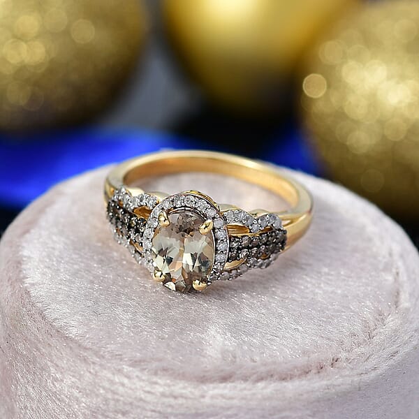 D'Joy AAA Turkizite Natural Champagne And White Diamond 1.85 Ctw Evening Halo Ring In 18K Vermeil Yellow Gold Over Sterling Silver