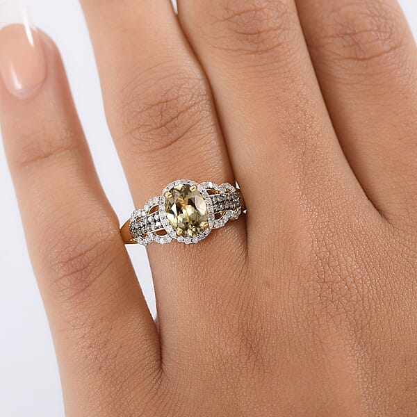 D'Joy AAA Turkizite Natural Champagne And White Diamond 1.85 Ctw Evening Halo Ring In 18K Vermeil Yellow Gold Over Sterling Silver
