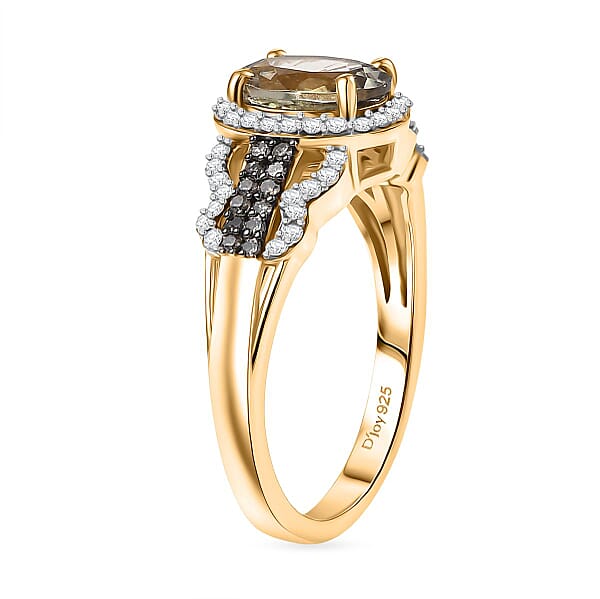 D'Joy AAA Turkizite Natural Champagne And White Diamond 1.85 Ctw Evening Halo Ring In 18K Vermeil Yellow Gold Over Sterling Silver