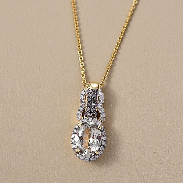 D'Joy AAA Turkizite Natural Champagne And White Diamond 1.75 Ctw Evening Halo Pendant Necklace In 18K Vermeil Yellow Gold Over Sterling Silver 20 Inches
