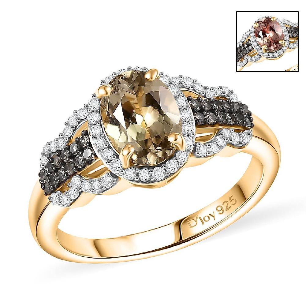 D'Joy AAA Turkizite Natural Champagne and White Diamond 1.85 ctw Evening Halo Ring in 18K Vermeil Yellow Gold Over Sterling Silver