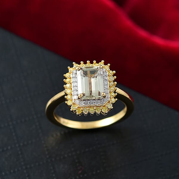 D'Joy AAA Turkizite Natural Yellow And White Diamond 2.25 Ctw Golden Mirage Ring In 18K Vermeil Yellow Gold Over Sterling Silver