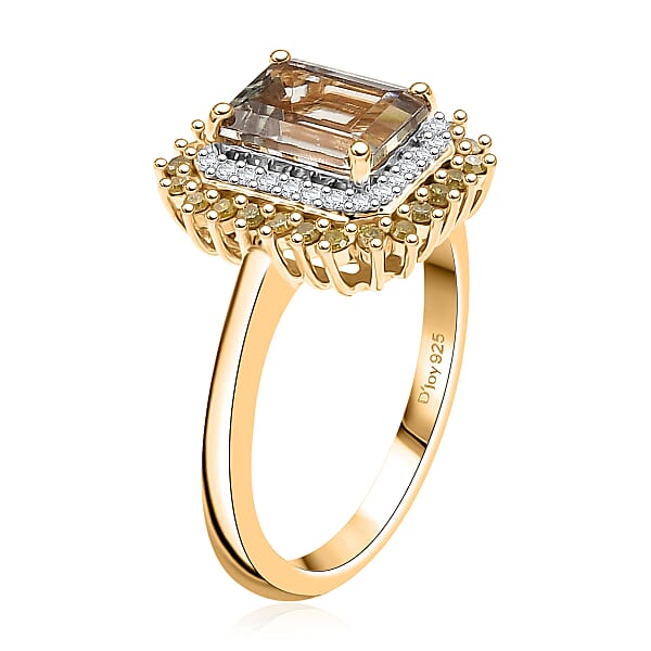 D'Joy AAA Turkizite Natural Yellow And White Diamond 2.25 Ctw Golden Mirage Ring In 18K Vermeil Yellow Gold Over Sterling Silver