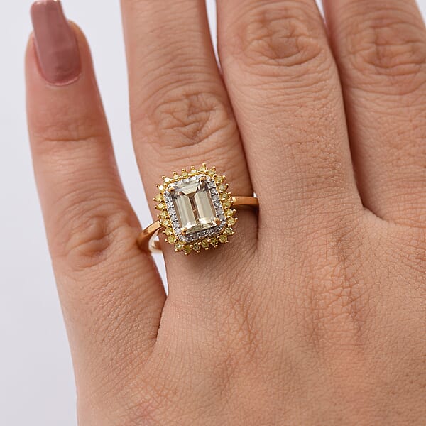 D'Joy AAA Turkizite Natural Yellow And White Diamond 2.25 Ctw Golden Mirage Ring In 18K Vermeil Yellow Gold Over Sterling Silver