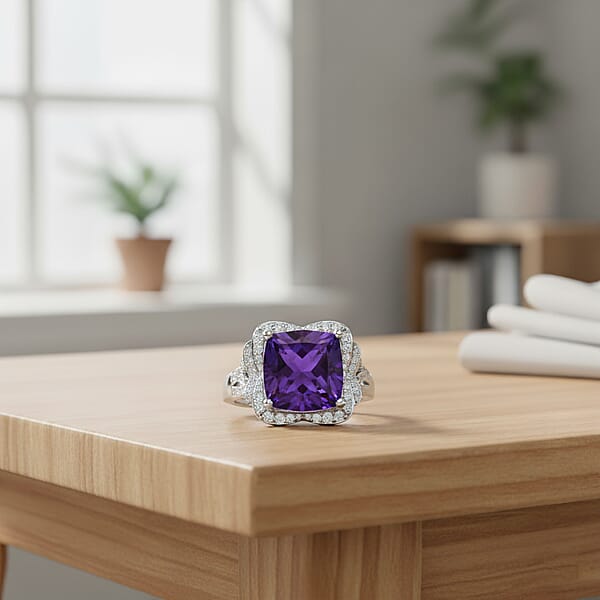 D'Joy AAA Zambian Amethyst And Moissanite 5.65 Ctw Poinsettia Flower Ring In Rhodium Over Sterling Silver