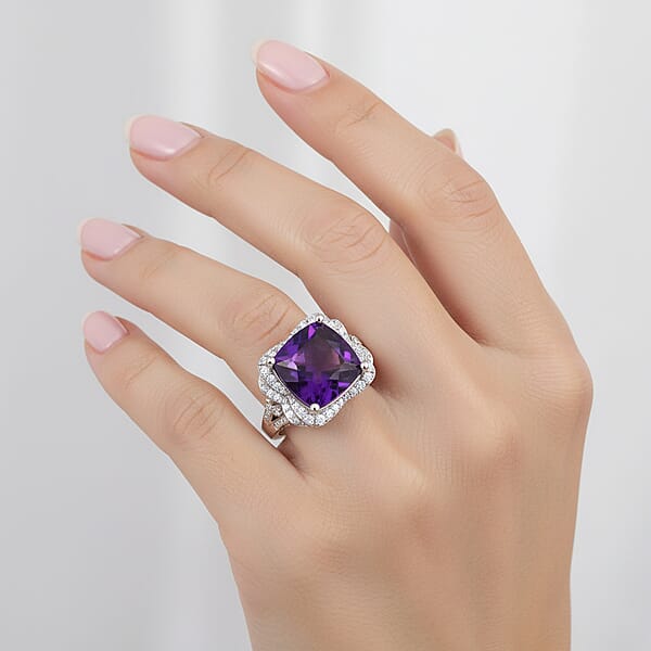 D'Joy AAA Zambian Amethyst And Moissanite 5.65 Ctw Poinsettia Flower Ring In Rhodium Over Sterling Silver
