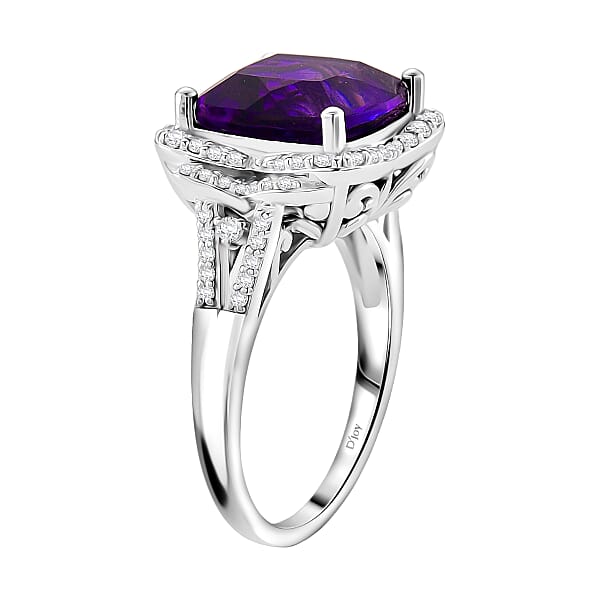 D'Joy AAA Zambian Amethyst And Moissanite 5.65 Ctw Poinsettia Flower Ring In Rhodium Over Sterling Silver