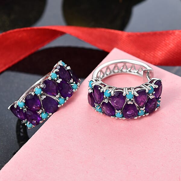 D'Joy African Amethyst And Lagoon Turquoise 12.10 Ctw Tears Of The Moon Earrings In Rhodium Over Sterling Silver