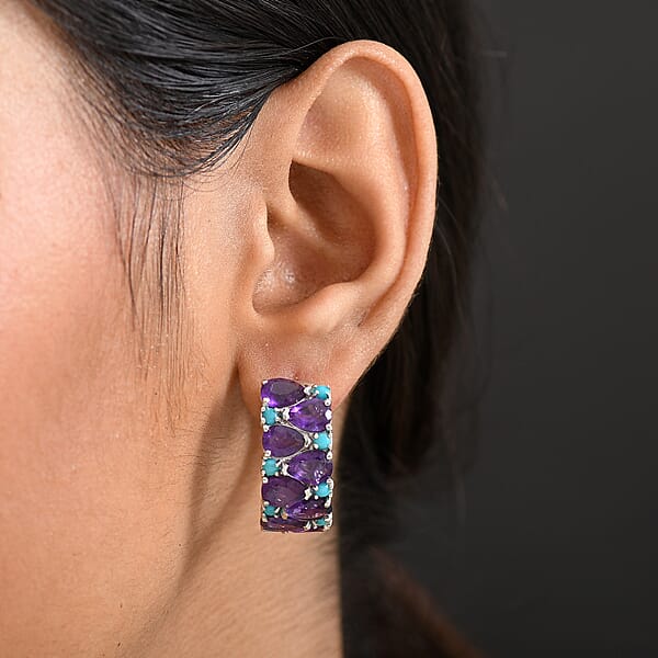 D'Joy African Amethyst And Lagoon Turquoise 12.10 Ctw Tears Of The Moon Earrings In Rhodium Over Sterling Silver