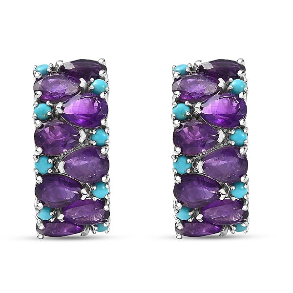 D'Joy African Amethyst And Lagoon Turquoise 12.10 Ctw Tears Of The Moon Earrings In Rhodium Over Sterling Silver
