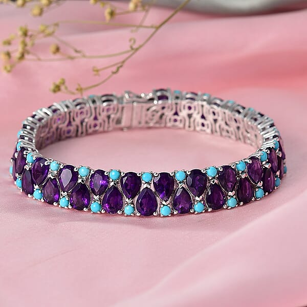 D'Joy African Amethyst And Lagoon Turquoise 33.90 Ctw Tear Of The Moon Bracelet In Rhodium Over Sterling Silver (7.25 In)