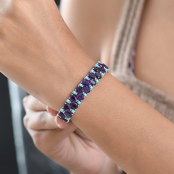 D'Joy African Amethyst And Lagoon Turquoise 33.90 Ctw Tear Of The Moon Bracelet In Rhodium Over Sterling Silver (7.25 In)