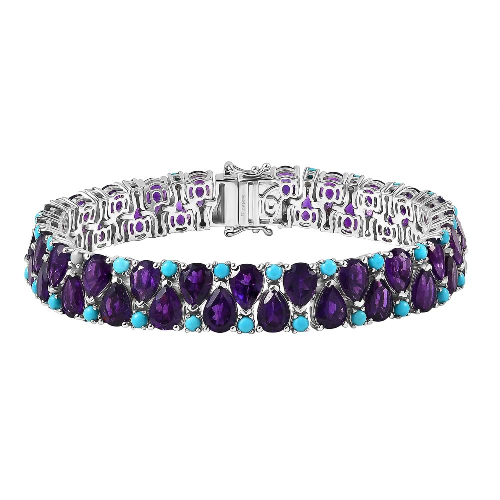 D'Joy African Amethyst and Lagoon Turquoise 33.90 ctw Tear of The Moon Bracelet in Rhodium Over Sterling Silver (7.25 In)