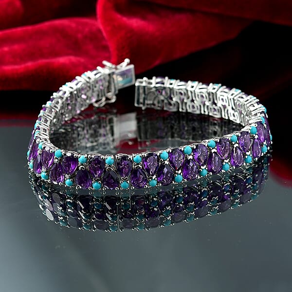 D'Joy African Amethyst And Sleeping Beauty Turquoise 34 Ctw Mystic Oasis Bracelet In Rhodium Over Sterling Silver (8.00 In)