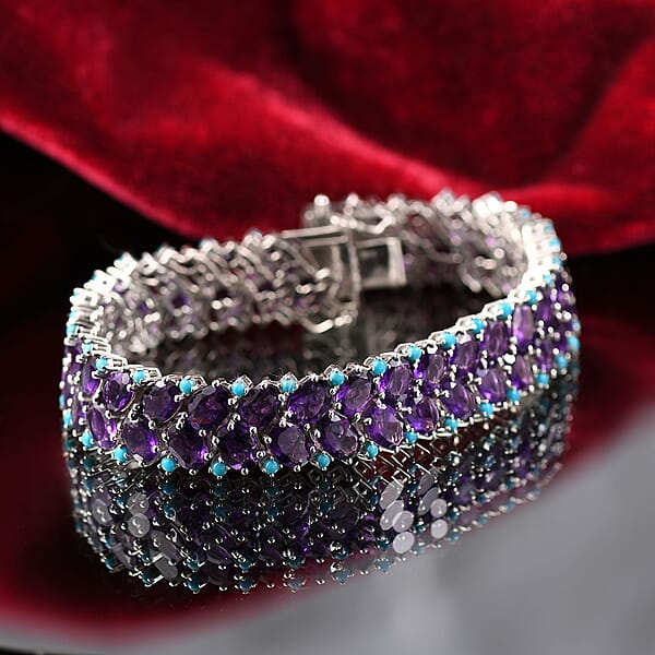 D'Joy African Amethyst And Sleeping Beauty Turquoise 47.00 Ctw Mystic Oasis Bracelet In Rhodium Over Sterling Silver (8.00 In)
