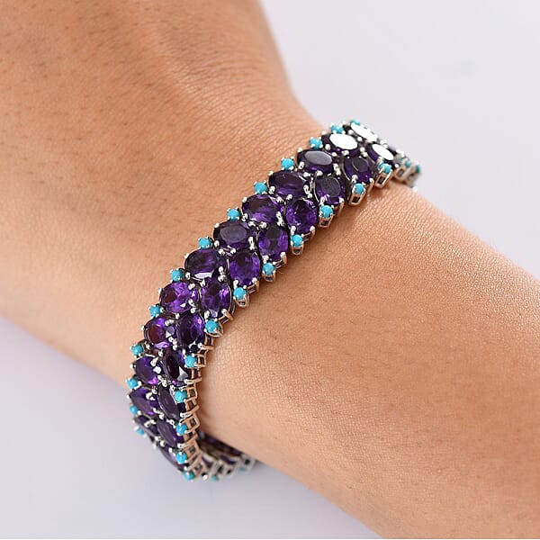 D'Joy African Amethyst And Sleeping Beauty Turquoise 47.00 Ctw Mystic Oasis Bracelet In Rhodium Over Sterling Silver (8.00 In)