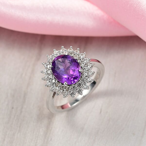 D'Joy African Amethyst And White Zircon 3.35 Ctw Ring In Platinum Over Sterling Silver
