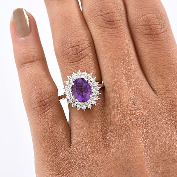 D'Joy African Amethyst And White Zircon 3.35 Ctw Ring In Platinum Over Sterling Silver