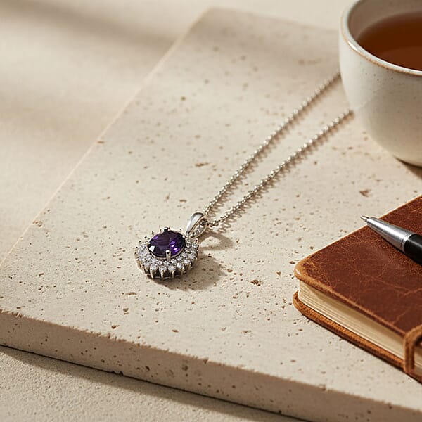 D'Joy African Amethyst And White Zircon 3.45 Ctw Pendant Necklace In Platinum Over Sterling Silver 20 Inches