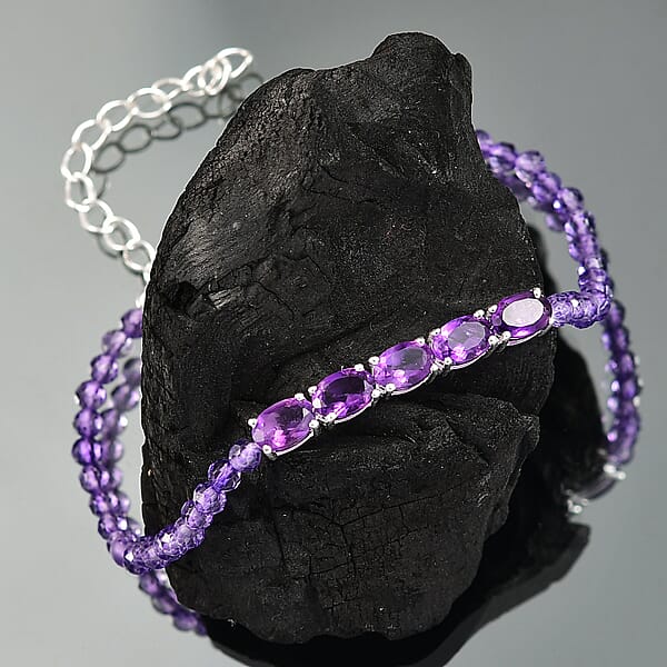 D'Joy African Amethyst Beaded Bracelet In Sterling Silver (6.50-8.00In) 10.90 Ctw