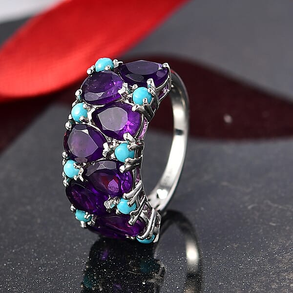 D'Joy African Amethyst Lagoon Turquoise Ring In Rhodium Over Sterling Silver 5.50 Ctw
