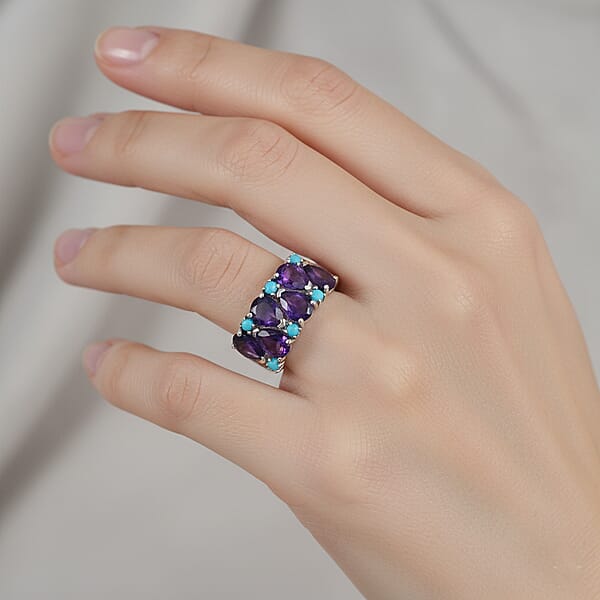 D'Joy African Amethyst Lagoon Turquoise Ring In Rhodium Over Sterling Silver 5.50 Ctw