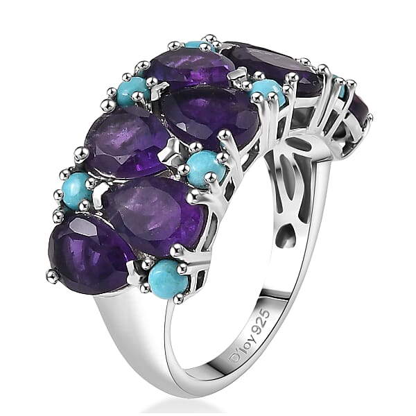 D'Joy African Amethyst Lagoon Turquoise Ring In Rhodium Over Sterling Silver 5.50 Ctw