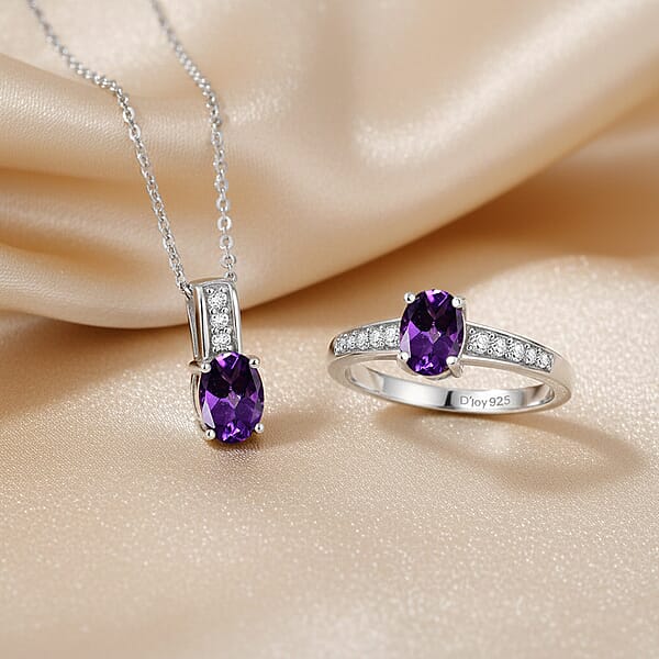 D'Joy African Amethyst White Zircon Ring Pendant Necklace (20 Inches) In Rhodium Over Sterling Silver 1.90 Ctw