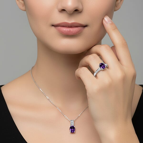 D'Joy African Amethyst White Zircon Ring Pendant Necklace (20 Inches) In Rhodium Over Sterling Silver 1.90 Ctw