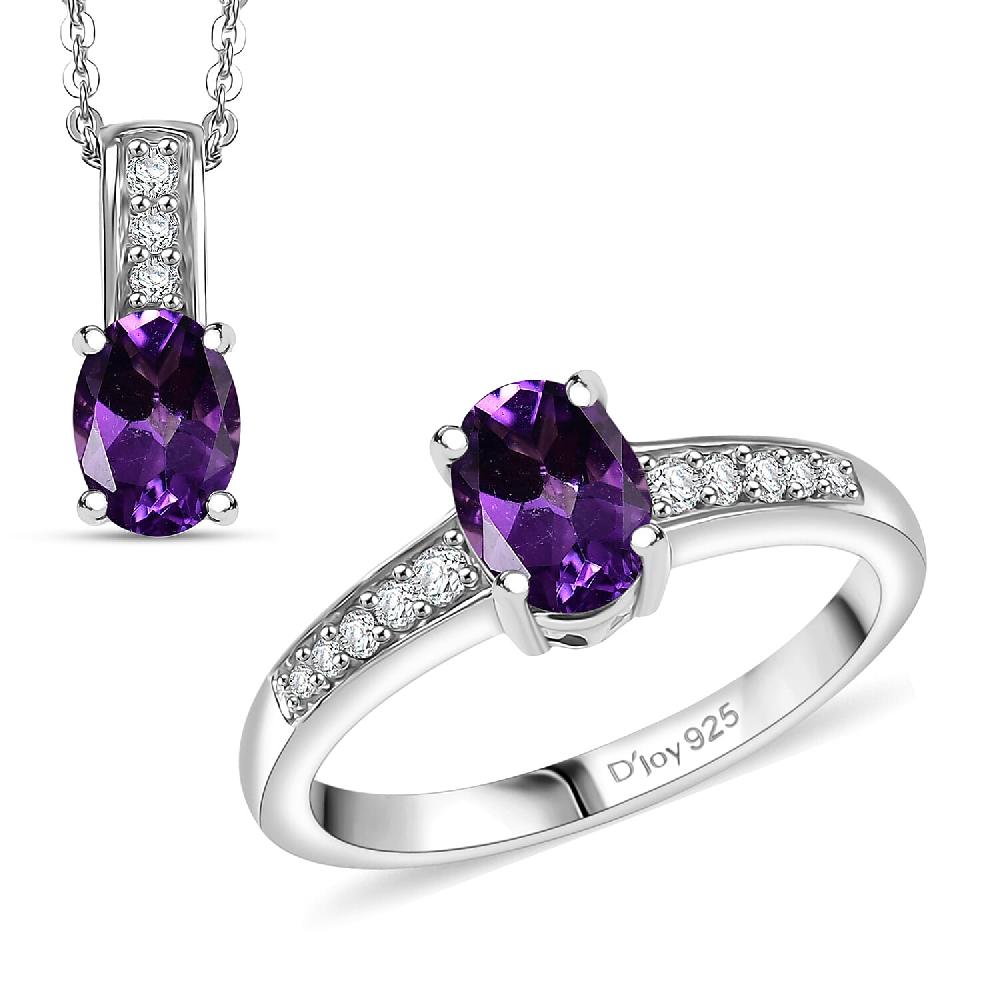 D'Joy African Amethyst White Zircon Ring Pendant Necklace (20 Inches) in Rhodium Over Sterling Silver 1.90 ctw