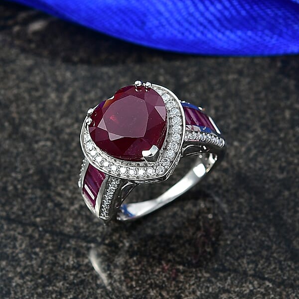 D'Joy African Ruby Moissanite Royal Legacy Ring In Rhodium Over Sterling Silver 11.50 Ctw