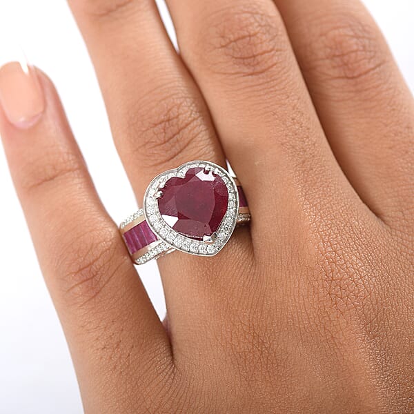 D'Joy African Ruby Moissanite Royal Legacy Ring In Rhodium Over Sterling Silver 11.50 Ctw