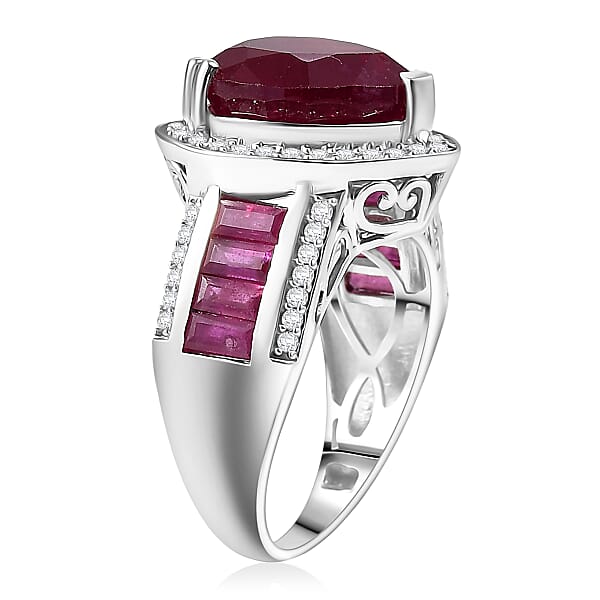 D'Joy African Ruby Moissanite Royal Legacy Ring In Rhodium Over Sterling Silver 11.50 Ctw