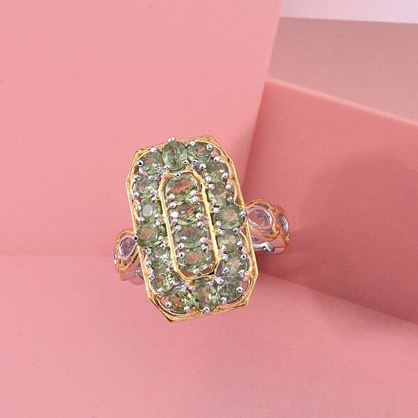 D'Joy Ambanja Demantoid Garnet 3.40 Ctw Art Deco Ring In 18K Vermeil YG And Rhodium Over Sterling Silver