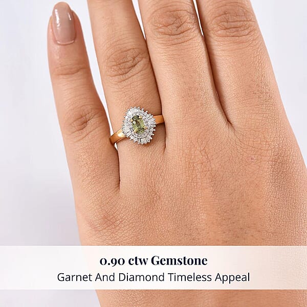 D'Joy Ambanja Demantoid Garnet And Diamond 0.90 Ctw Sunburst Ring In 18K Vermeil Yellow Gold Over Sterling Silver